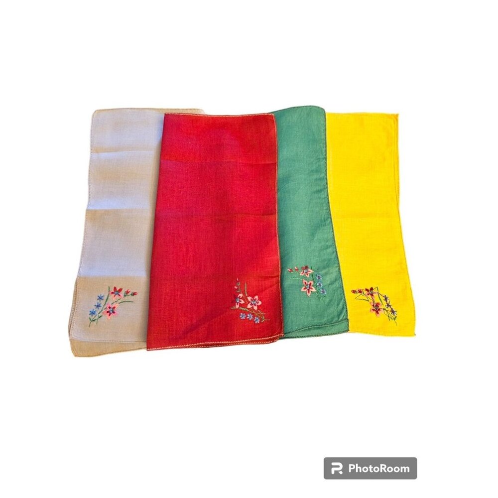 Vintage embroidered handkerchiefs set of 4 floral RED GREEN YELLOW GRAY‎ 12x12